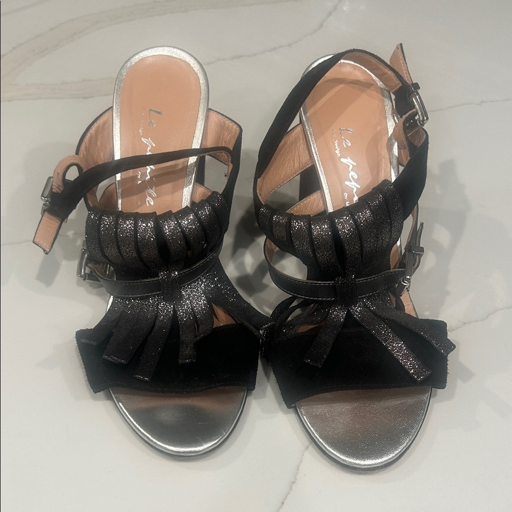 Italian Black and Silver Women's high heel dressy sandals